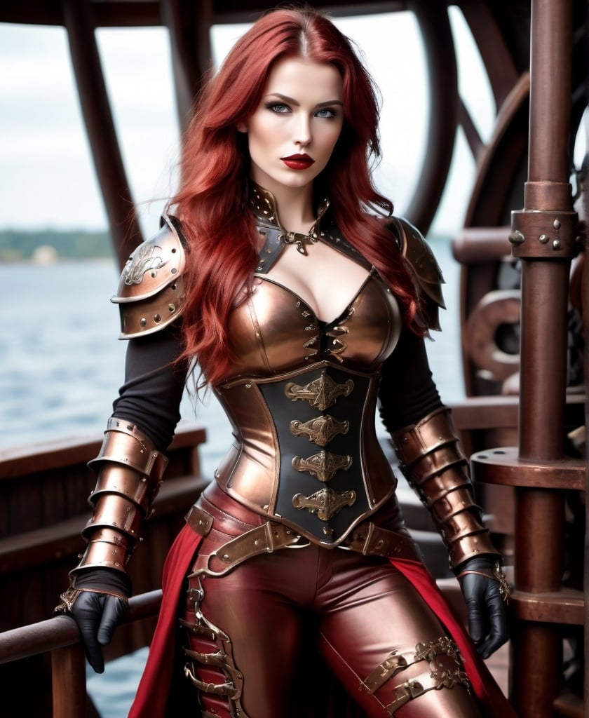 Prompt: Gorgeous ultra-muscular 25-year-old Finnish goddess bodybuilder with huge busom dark tone, bronze medieval armor, ridiculously long wavy dark red hair, heroic, dark clothing color scheme, red clothes, a black collar on her neck, a tight white long sleeve shirt, bronze armored corset, dark red lipstick, red leather gloves, bronze metal armor, bronze metal armor on her arms, metal armored shoulder pads on her shoulders, tight bronze armored leather pants, bronze armored metal boots, standing on a pirate ship, fantasy pirate theme, full body