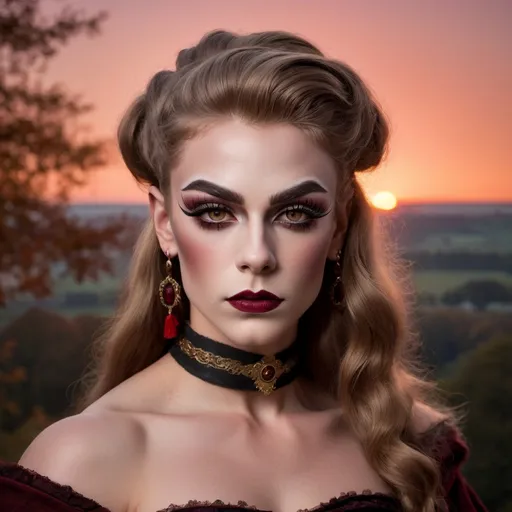 Prompt: Gorgeous muscular 18-year-old British drag queen Pilgrim with dark blonde hair, very strong masculine jawline and brow,  dark eyeshadow and dark red,  posing in 17th century America at sunrise.