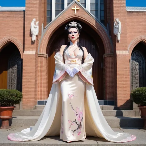 Prompt: A beautiful Chinese drag queen with big busom wears beautiful Hanfu, 8 onch stiletto high heel shoes, and long white silk gloves. She stands outside a modern Catholic church. Full body picture.