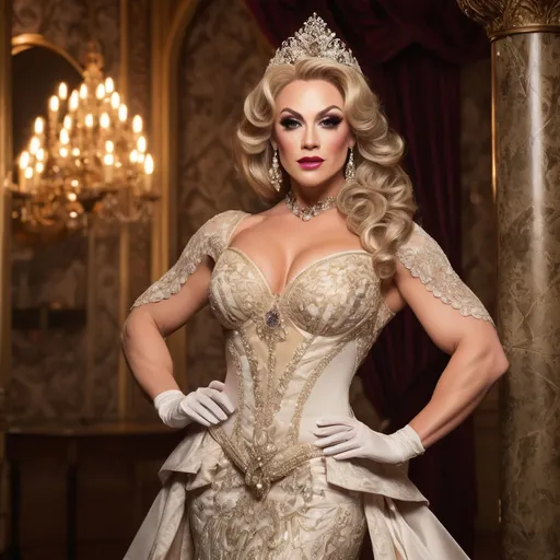 Prompt: Gorgeous muscular 35-year-old Victorian princess drag queen bodybuilder (masculine jawline and brow facial features), big busom, elegantly dressed in a lavish gown with intricate lace details, holding a delicate fan, exquisitely adorned with jewels, soft golden candlelight illuminating her surroundings, a luxurious opulent ballroom background, romantic and enchanting ambiance, intricate wallpaper patterns, vintage decor elements, high detail, 4K resolution, soft warm tones, evoking a sense of timeless beauty and royal grace.