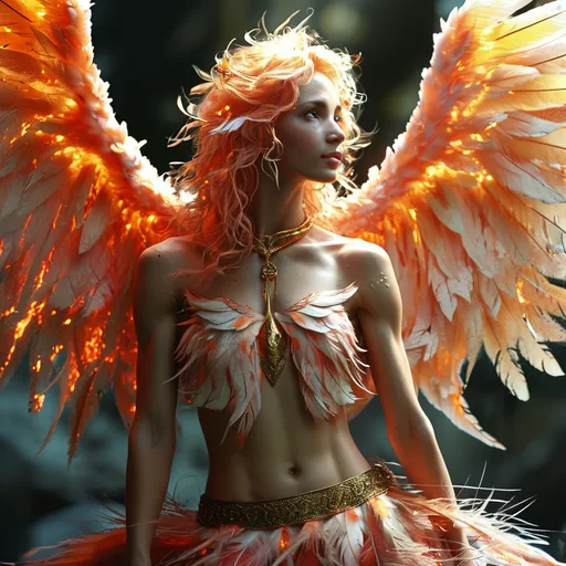 Prompt:  a flaming phoenix is perched on a 25-year-old goddess's shoulder. The 25-year-old goddess has clothes made of feathers and looks like a phoenix as a 25-year-old goddess. Full length. Muscular.