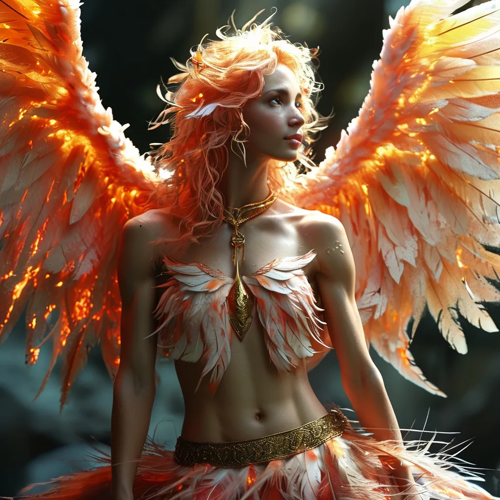 Prompt:  a flaming phoenix is perched on a 25-year-old goddess's shoulder. The 25-year-old goddess has clothes made of feathers and looks like a phoenix as a 25-year-old goddess. Full length. Muscular.