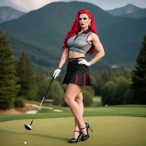 Prompt: a gorgeous muscular 25-year-old Polish drag queen (strong masculine jawline and brow facial features) bodybuilder with large busom and bright red hair, wearing a golf skirt and cute tank top, 8 inch stiletto high heel shoes, smokey eye shadow  and dark red lipstick, holding a golf club and posing for a picture on the golf course with mountains in the background, Evelyn Abelson, superflat, professional, a stock photo