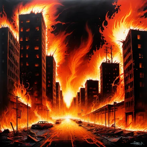 Prompt: Graffiti, splatter painting of a burning city destroyeds by a burning horror Phoenix