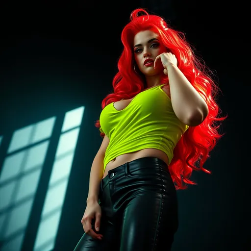 Prompt: low-angle of digital painting of a gorgeous ultra-ultra-muscular 25-year-old italian drag queen bodybuilder, with a buxom busom and very long wavy bright red hair in a dark room, black wall , sunlight streaming through a window, neon green shirt, leather pants, ,achromatic colors, 4k, high resolution, art photography, modeling pose, intense lighting, dramatic shadows, professional, detailed, atmospheric lighting