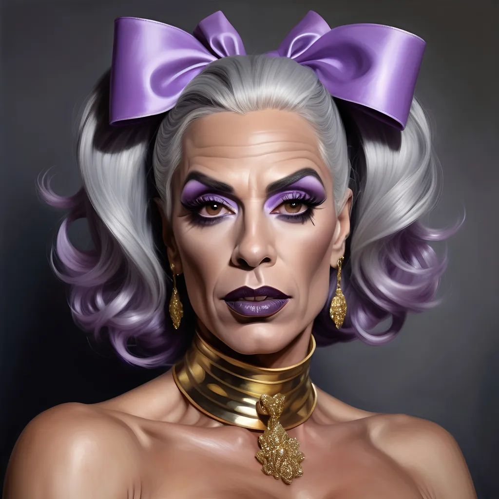 Prompt: a painting of a gorgeous muscular 45-year-old Belgian drag queen with very strong masculine facial features, dark eyeshadow and dark lipstick, wearing a gold choker around her neck and a Lilac bow in her gray hair, Edwin Georgi, photorealism, highly detailed digital painting, a photorealistic painting