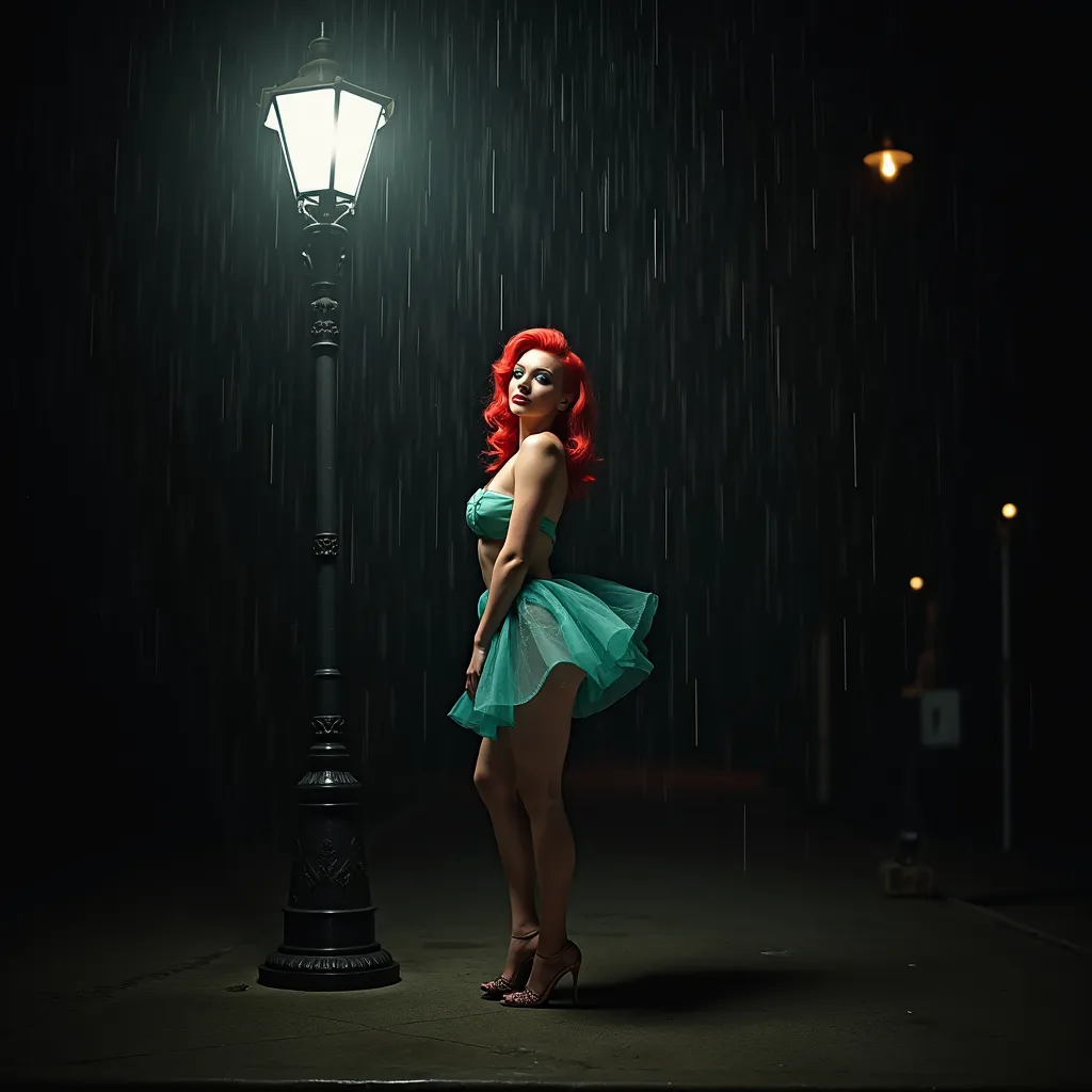 Prompt: dark street, 25-year-old Croatian muscular drag queen (masculine jawline and brow facial features) dancer with bright red hair wearing very short teal color transparent frock and 8 inch stiletto high heel shoes. that girl show using turned on street lamp. she is stand under the lamp. background is dark. little raining . she is wet. body figures are showing under the dress.