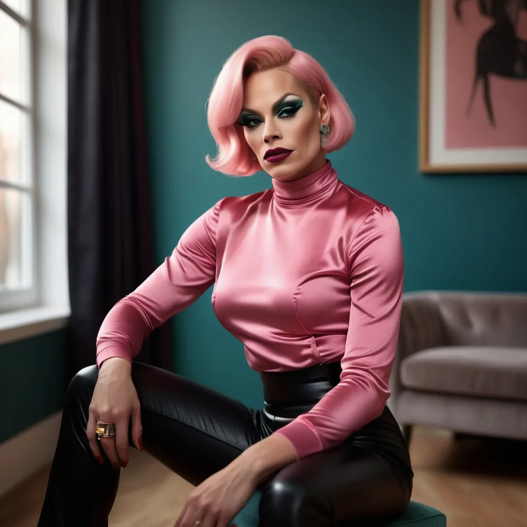 Prompt: photorealistic, (introspective) gorgeous Swedish drag queen with pink longbob seated in (thinker pose), dark eyeshadow abd dark red lipstick, muscular physique, black capi pants and wrap around teal blouse, soft natural lighting, warm tones, delicate shadows enhancing features, comfortable room ambiance, modern interior with minimalistic decor, inviting atmosphere, high resolution, ultra-detailed image, emphasizing deep thought and contemplation.