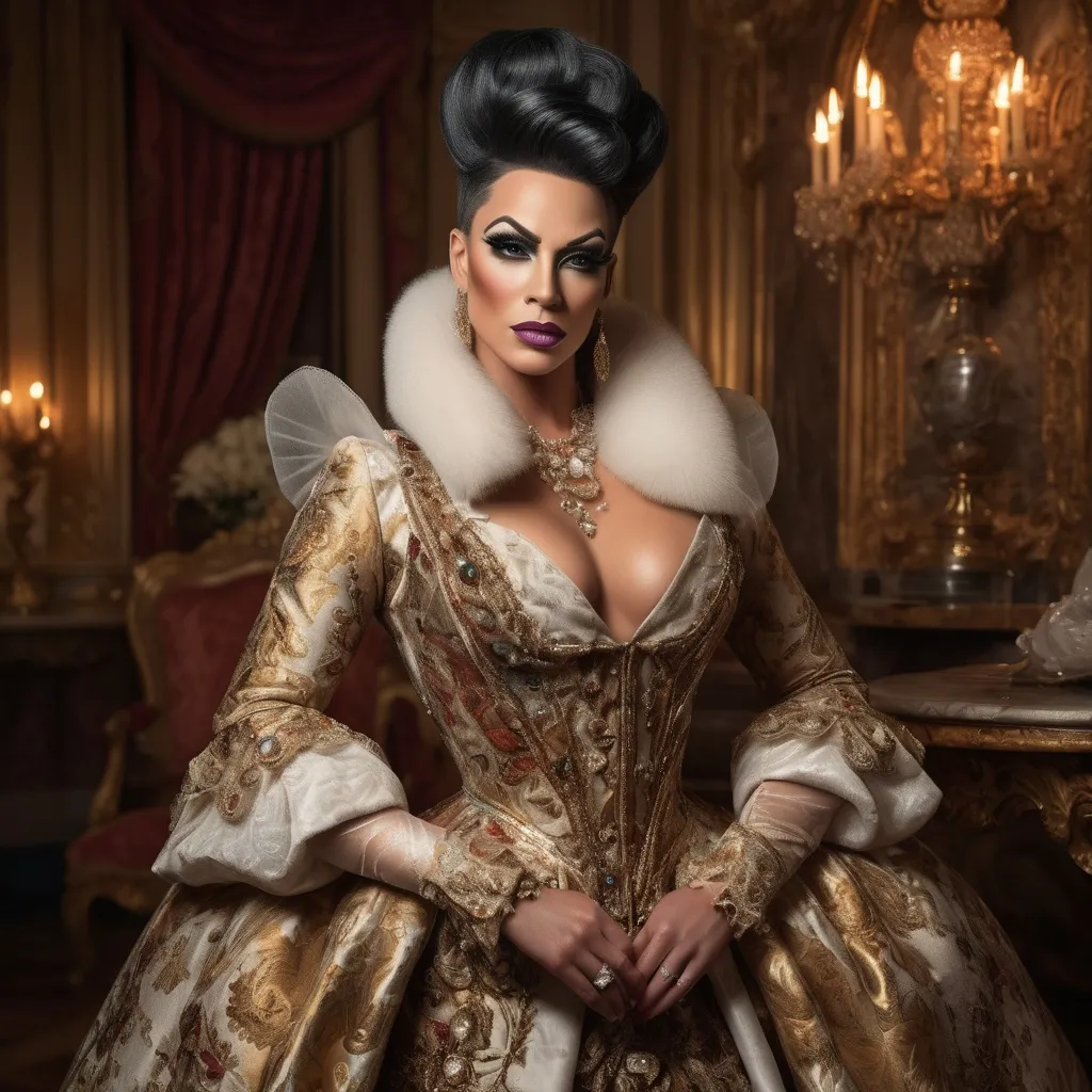 Prompt: (a stunning portrait), a Gorgeous muscular 35-year-old British drag queen (very strong masculine jawline and brow features), baroque clothing, intricate details, opulent fabrics, luxurious setting, lavish backdrop, ornate decor, rich color palette, warm and inviting tones, softly diffused lighting, (highly detailed), expressive eyes, elegant pose, sophisticated atmosphere, captivating elegance, enchanting allure.