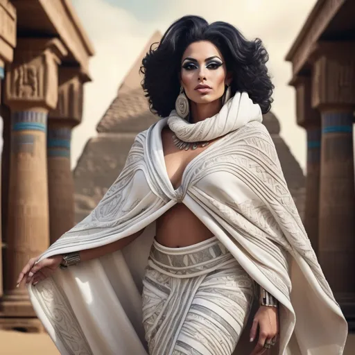 Prompt: A photorealistic detailed image of a Gorgeous muscular Egyptian drag queen model wearing futuristic wavy allover oversized  baggy style attire,  and creamy pashmina shawl with very fine needle hand embroidery on borders draped over her shoulder.  melodramatic Egyptian background .  Capture motion. Dramatic shot. Capture full body figure upto feet from a distance.