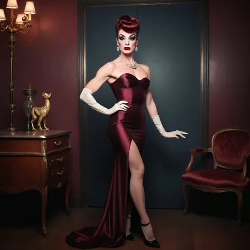 Prompt: photorealistic, (old Hollywood style), (sophisticated gorgeous ultra-muscular 25-year-old French drag queen goddess), elegant attire reminiscent of Audrey Hepburn, full length body, dark red hair styled in vintage glamour, dark smoky eyeshadow and dark red lipstick,  soft lighting capturing a nostalgic atmosphere, muted pastel colors, timeless beauty, luxurious and refined setting, classic film vibe, vintage glamour, HD, ultra-detailed,