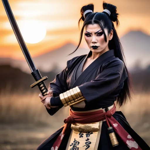Prompt: A gorgeous muscular 35-year-old Japanese drag queen Samurai (dark eye makeup, dark lipstick, big busom, and dark black hair) wearing a traditional ancient Samurai Yorkie and holding a katana in each hand in a battle stance. 13th century Japan at sunset.