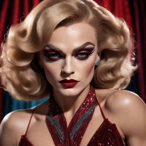 Prompt: image of James Cagney dressed as a (muscular body) gorgeous 25-year-old Czechian drag queen wearing a flamboyant, yet conservative Bob Mackie designer Gown, very well endowed, dark heavy eye makeup,  dark red lipstick, hyper-realistic quality, ultra-detailed 4K imagery.