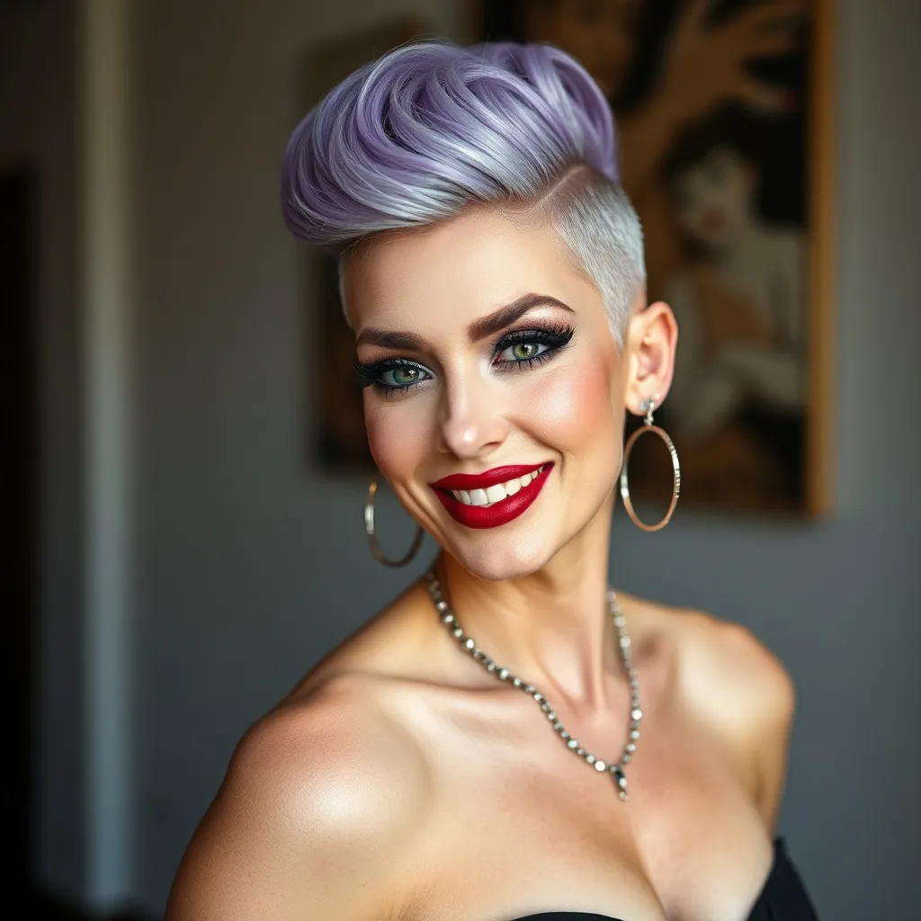 Prompt: side buzzed fade longer updo top cut with a lavender trendy moehawk, hair cut sample, fashion magazine, high focus on trendy hairstyle, gorgeous 60-year-old Finnish drag queen bodybuilder model with thick eyeshadow and dark red lipstick, flirty, confident smile --ar 9:16 --v 6.0