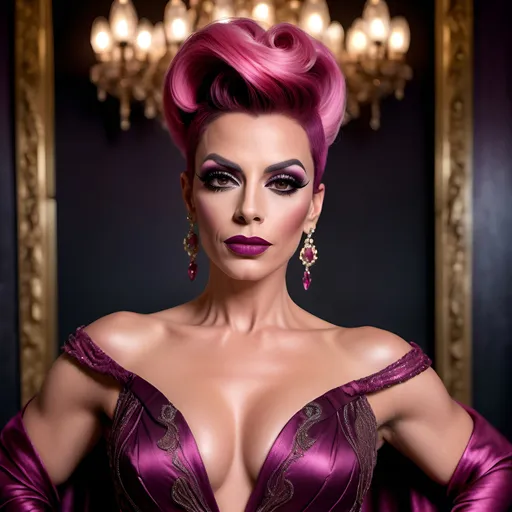 Prompt:  Gorgeous muscular 35-year-old Portuguese drag queen with dark pink updo hair, dark eyeshadow,  dark lipstick, wearing a (elegant dress), (stylish fabric), flowing design, intricate details, luxurious texture, vibrant colors, warm ambiance, (graceful draping), exquisite embellishments, soft lighting, enchanting atmosphere, rich patterns, HD, ultra-detailed, stunning visual composition, ideal for fashion showcase, inviting elegance