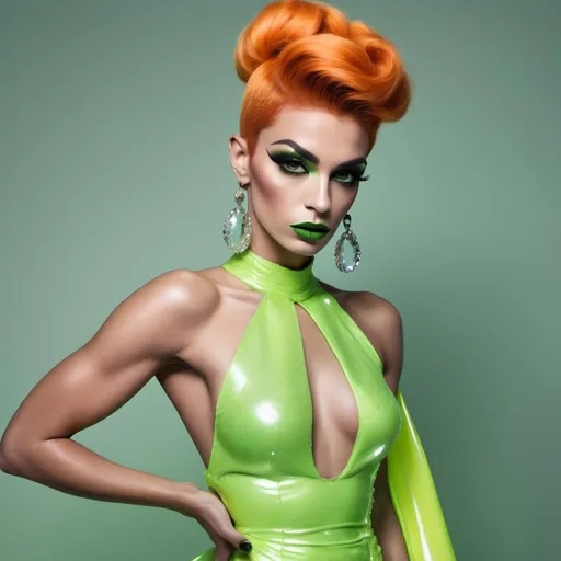 Prompt: a gorgeous muscular 25-year-old French drag queen (with masculine facial features) with dark eyeshadow,  dark lipstick, and orange updo hair, wearing a neon green Coco Chanel dress holding crystal ball filled with lightning, Ayshia Taşkın, private press, hourglass slim figure, a pastel