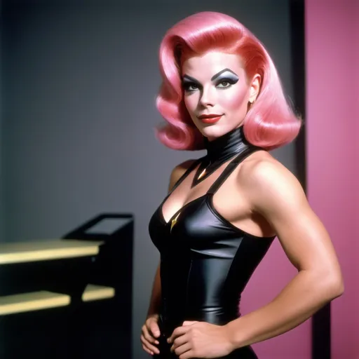 Prompt: Young William Shatner dressed up as a Gorgeous ultra-muscular 25-year-old Czechian drag queen, Star Trek Uniform, harness:1.4, full lips, short swept over pink hair, heavy mascara, dark eyeshadow, dark red lipstick, Bridge Command Center Background, instagram pose, smiling, raw photo, sharp focus on eyes, film grain, magazine cover, high quality, clothing details, fine fabric, full body, art student, (official art, extremely detailed CG unity 8k wallpaper), beautifully detailed eyes, detailed fine nose, detailed fingers, (8k), (best quality), ( masterpiece:1.2), (realistic), ( photorealistic:1.57), extremely detailed handsome gentlebeing, couture, magazine cover, textless, high quality, clothing details, fine fabric, full body, 8k, cinematic lighting (high detailed skin:1.1) ,Enhance,Golden Inspiration