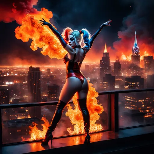 Prompt: Drag queen Harley Quinn perched on a window, hands in the air in triumph, gazing into a fiery cityscape, flames illuminated against a dark sky, dramatic tones, vivid reds and oranges, smoke swirling in the air, high detail, moody atmosphere, urban environment, nighttime, powerful contrast, cinematic lighting, ultra-detailed, surreal and intense emotional vibe.