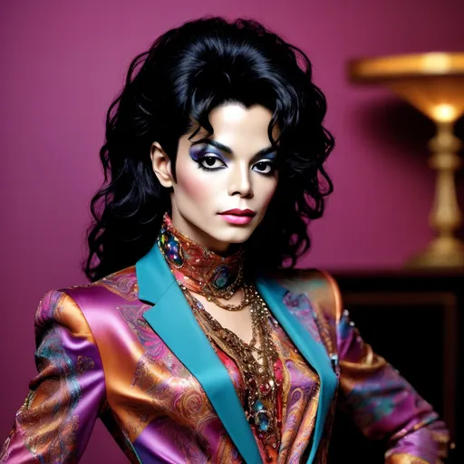 Prompt: (A young Michael Jackson dressed in drag wearing an Etro dress), fashion elegance, (stylish pose), intricate patterns, vibrant colors, (high fashion), soft focus, warm lighting with a glamorous touch, showcasing elegant accessories, luxurious fabric detail, upscale ambience, beautifully styled hair, (ultra-detailed), captivating expression, fashion-forward aesthetic, luxurious background elements.