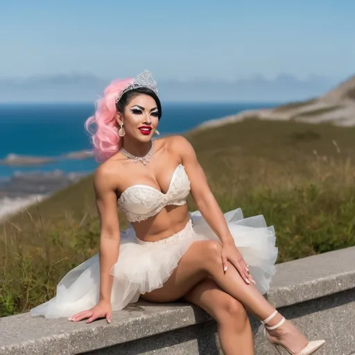 Prompt: Cute and glamorous 20-something Eurasian drag queen bodybuilder, very beautiful,
During a photoshoot wearing a sheer mini wedding dress, garter belt, and stiletto high heels
Hairband on her head
Smiling expression
Outfit that emphasizes her glamorous body
Large busom 
Holding a small bouquet in one hand.
Taking a photo on a windy seaside hill.
Skirt and veil blowing in the wind
Sitting on a bench with her muscular legs slightly spread
Thighs visible
Wearing a garter belt
