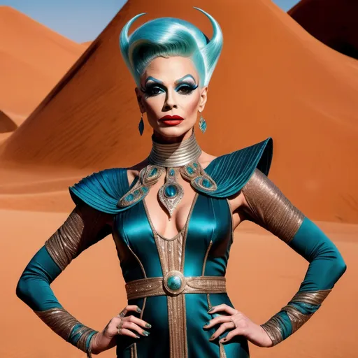 Prompt: The most beautiful drag queen on Arrakis wearing the traditional Krypton dress.