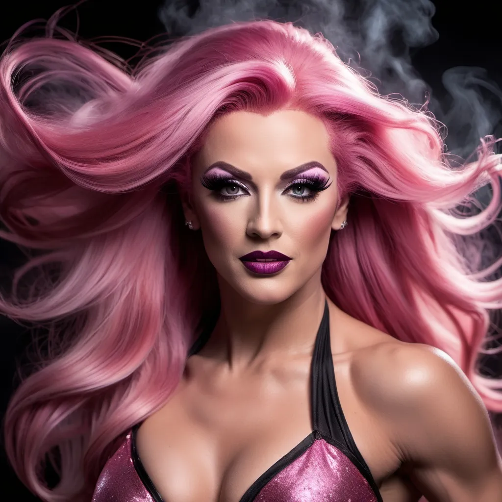 Prompt: Imagine Rock Hudson dressed as a Gorgeous ultra-muscular 25-year-old drag queen bodybuilder Dancer with ridiculously long flowing pink hair captured in motion, smokey eye shadow and dark lipstick, long exposure photography, Nikon D850 DSLR camera, f/4, ISO 200, high quality, long exposure, Nikon D850, DSLR camera, detailed movement, professional photography, artistic motion blur, dramatic lighting