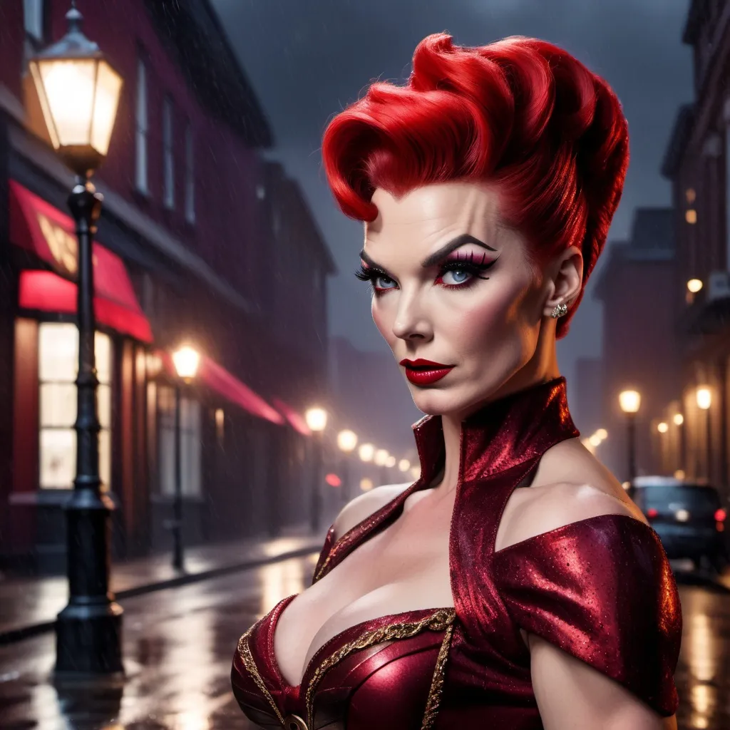 Prompt: Dr. Strange dressed as A hyper realistic flawless 25-year-old gorgeous Northern European drag queen bodybuilder with red updo hair walking the streets as a 50s housewife on a dark and rainy night. Heavy eye makeup. Dark red lipstick.