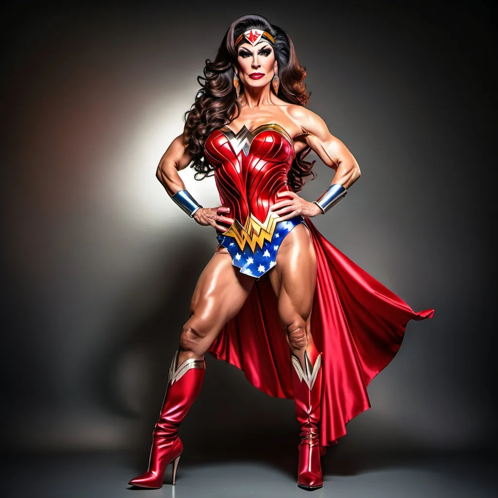 Prompt: (Gorgeous ultra-muscular Turkish drag queen bodybuilder wearing wonder woman dress and 8 inch stiletto high heel boots) age 45 years old, professional photo, vivid colors, studio lighting, hyper detailed, HDR, bokeh, long silk hair, full body, perfect anatomy, beautiful face ,Sunset background, highly realistic, ultra-detailed, 8K, high quality.