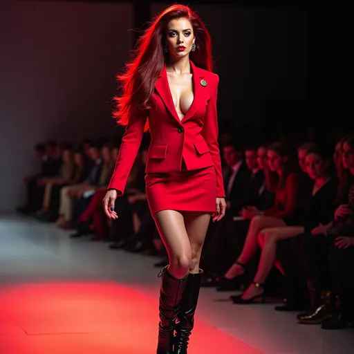 Prompt: A gorgeous ultra-muscular 25-year-old Czechian drag queen bodybuilder with very long straight shiny dark red hair wearing a Men’s blazer as a (fashion dress), high-heeled boots, (vibrant colors), modern design, chic and stylish, dramatic flair, unique ensemble, striking contrast, luxurious fabric textures, sleek silhouette, fashion runway atmosphere, (ultra-detailed), showcasing bold femininity, (high fashion), contemporary styling, inspiring confidence and elegance.