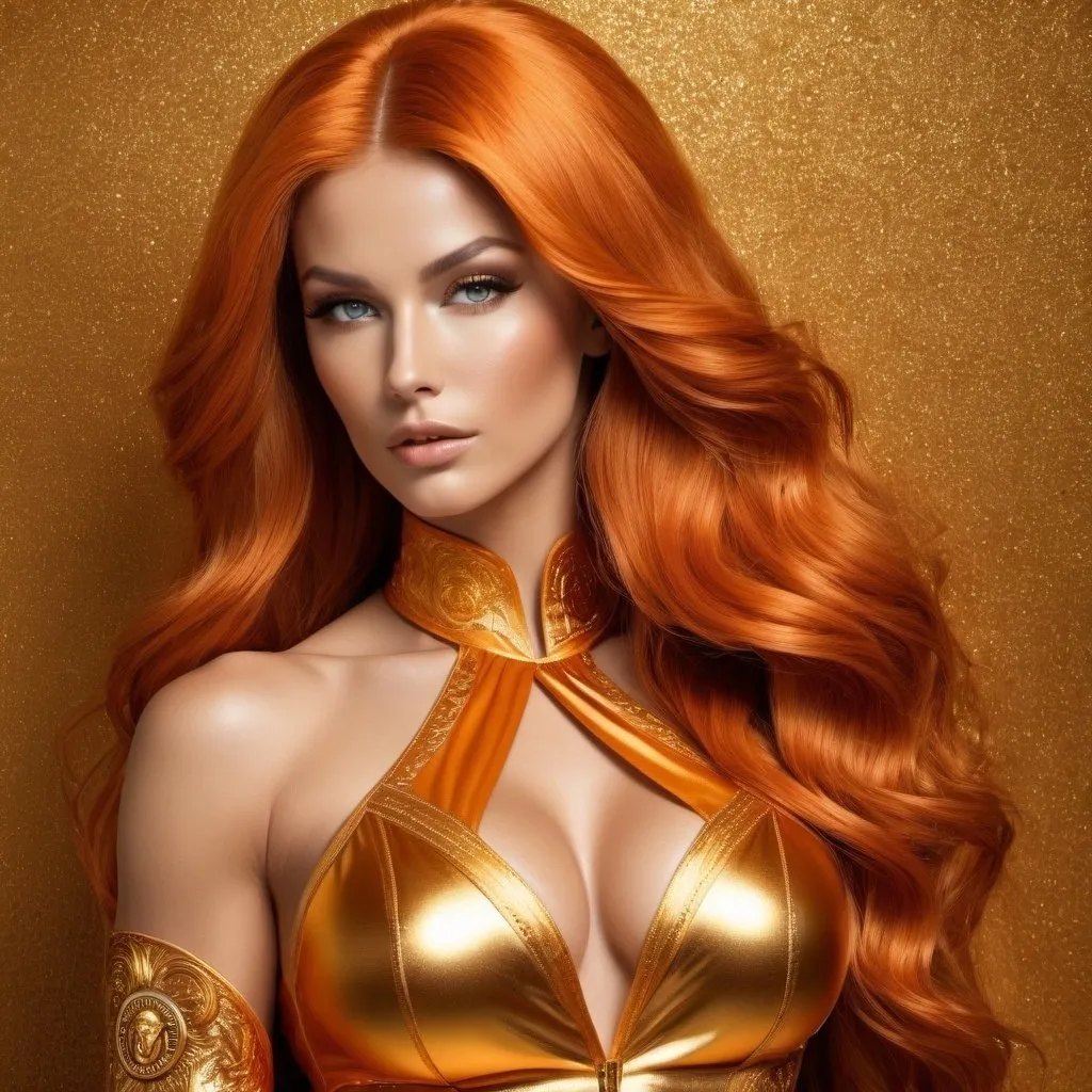 Prompt: Gorgeous ultra-muscular 25-year-old Finnish goddess with huge busom and ridiculously long burnt orange wavy hair wearing a golden Versace outfit highly detailed and very realistic 64k hd quality 