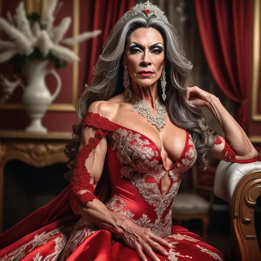 Prompt: A gorgeous muscular 45-year-old Bulgarian drag queen (strong masculine jawline and brow features) with long luscious graying hair wearing (breathtaking red oriental dress), (exquisite bride), radiant beauty, exquisite lace and satin details, flowing train adorned with delicate embroidery, beautiful soft natural lighting, romantic ambiance, lush blossom background, high-resolution, ultra-detailed, elegant and dreamy atmosphere, showcasing the perfect harmony of love and elegance, whimsical setting filled with soft pastel colors.