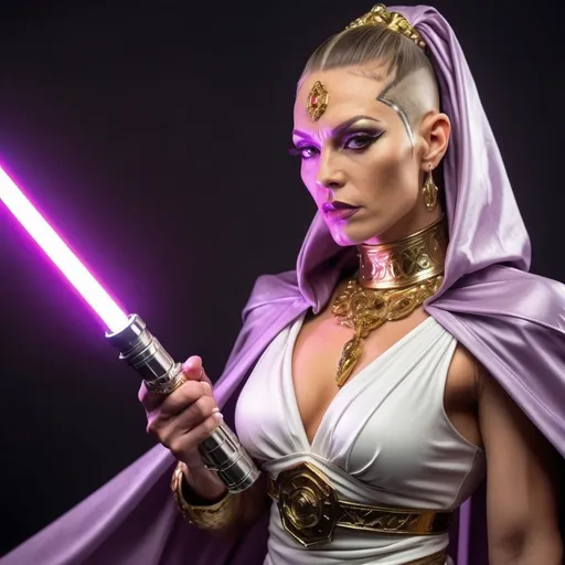 Prompt: Gorgeous muscular 35-year-old Jedi Drag Queen with laced stiletto high heel sandals and draped in a gilded cloak, full-body pose of a beautiful muscular drag queen, wearing a white monk outfit and regal jewelry. Her wine-colored hair pulled up into a ponytail.  She is wielding a glowing lilac-colored lightsaber with an eloquent jeweled hilt, both hands on the hilt in an aggressive attack move.  The strong figure exudes confidence and power, with a stern expression, set aboard a starship backdrop with large window and a galaxy visible in the window. High definition, ultra-detailed presentation with striking contrasts.