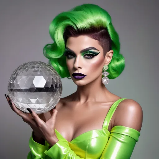 Prompt: a gorgeous muscular 25-year-old French drag queen (with masculine facial features) with dark eyeshadow,  dark lipstick, and orange updo hair, wearing a neon green Coco Chanel dress holding crystal ball filled with lightning, Ayshia Taşkın, private press, hourglass slim figure, a pastel