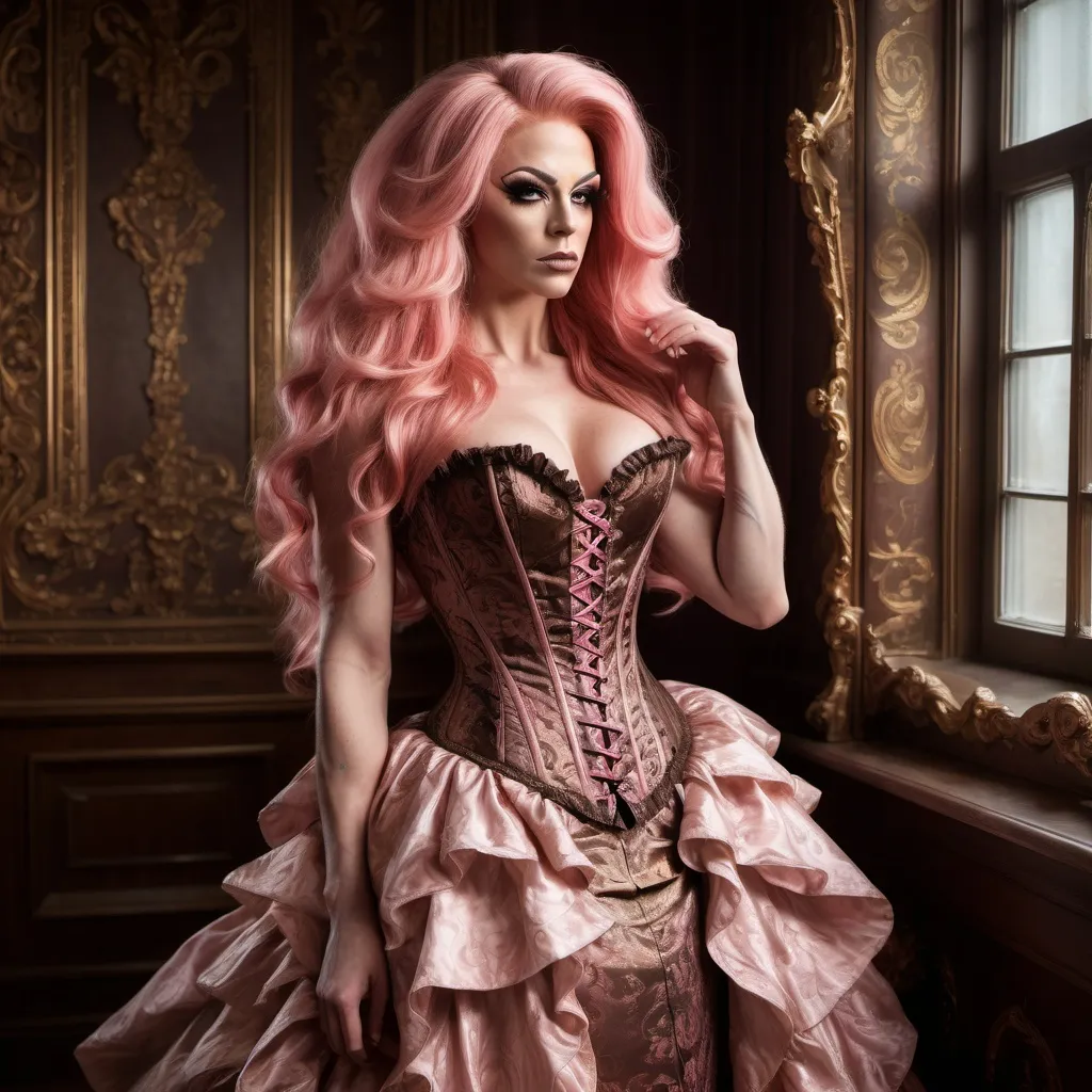 Prompt: Gorgeous ultra-muscular 25-year-old Finnish drag queen bodybuilder with  ridiculously long flowing pink hair poses in an ornate 19th century corset and ruffled gown, sunlight from a nearby window caressing her skin and lighting up intricate bronze brocade detailing. In the style of Mark Laita.