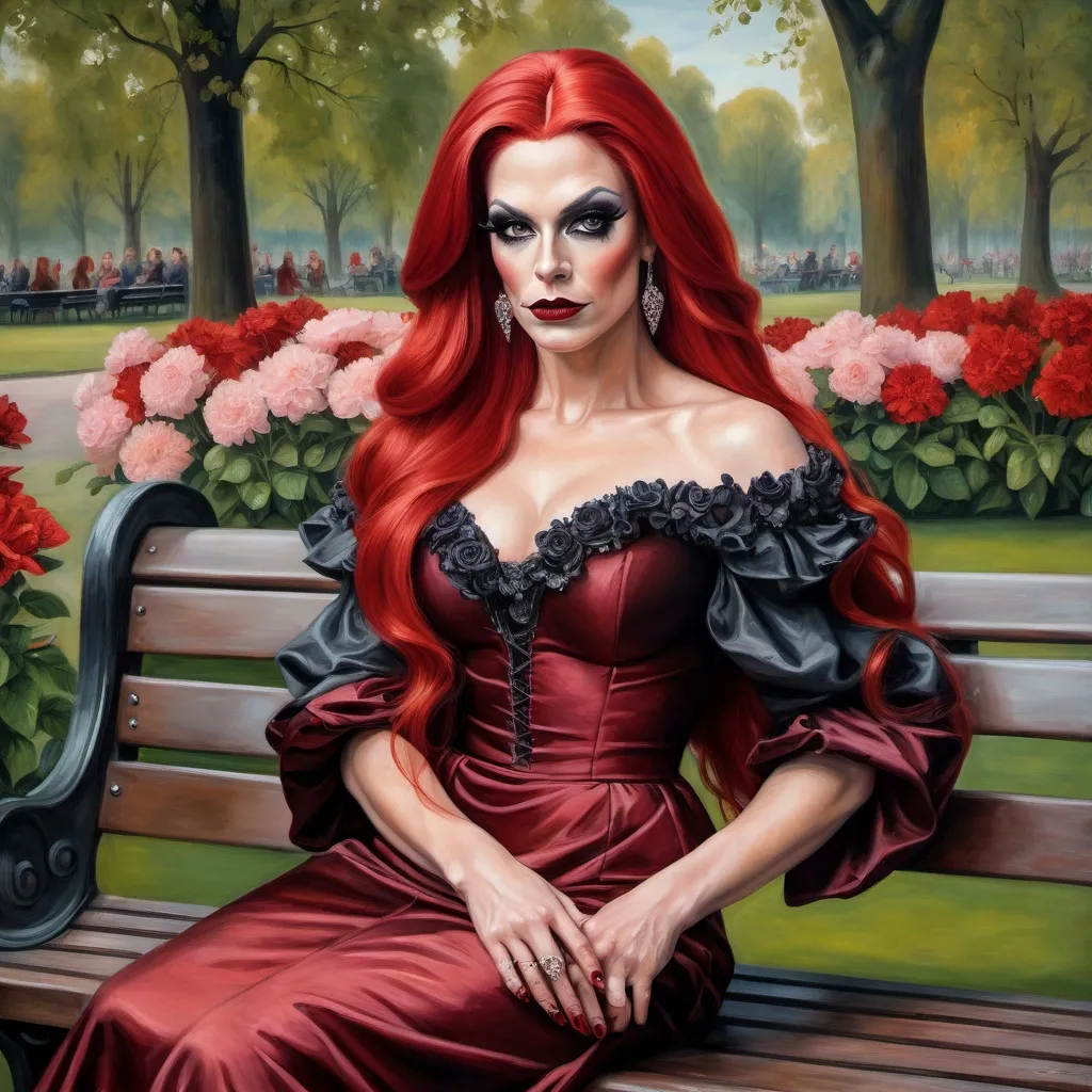 Prompt: Painting of a gorgeous muscular 35-year-old Swedish drag queen with dark eyeshadow,  dark red lipstick, and long red hair, sitting on a bench in a park wearing a dress with flowers, renaissance oil painting, a painting