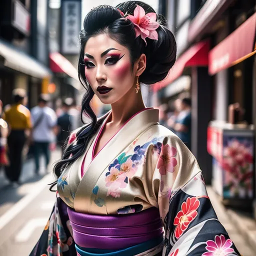 Prompt: Gorgeous muscular 25-year-old Japanese drag queen bodybuilder (dark eyeshadow  and dark lipstick) with huge busom walking down the high street, detailed clothing, realistic, natural lighting, photorealistic, Japanese flower design on her kimono. Black hair in traditional Japanese style. 