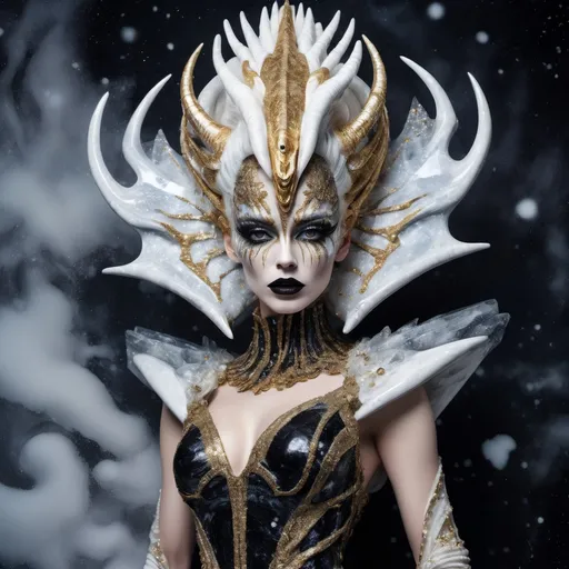 Prompt: Full body, Hyperrealistic gorgeous Czechian drag queenwearing eccentric couture dress made of black, white and gold marble inspired by the xenomorph, with giant dark frost ice crystals on the shoulders decor, looking directly at camera, dark eye makeup, dark lipstick, inspired by Klimt, against dark snow background