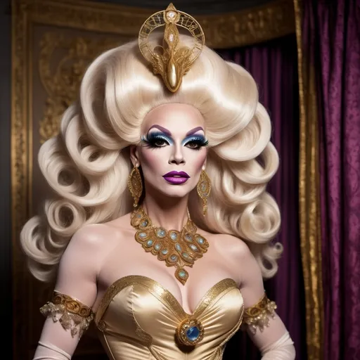 Prompt: The most beautiful drag queen on Venus wearing the traditional Venusian dress.