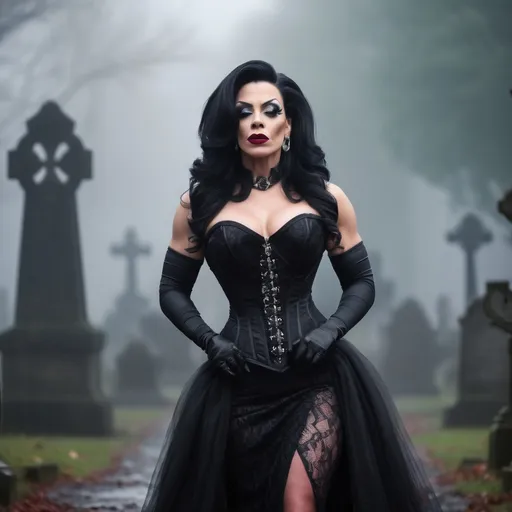 Prompt: A gorgeous muscular 35-year-old British drag queen bodybuilder with jet-black hair and crimson lips, dressed in a corset-style black gown, walking through a misty, moonlit graveyard.