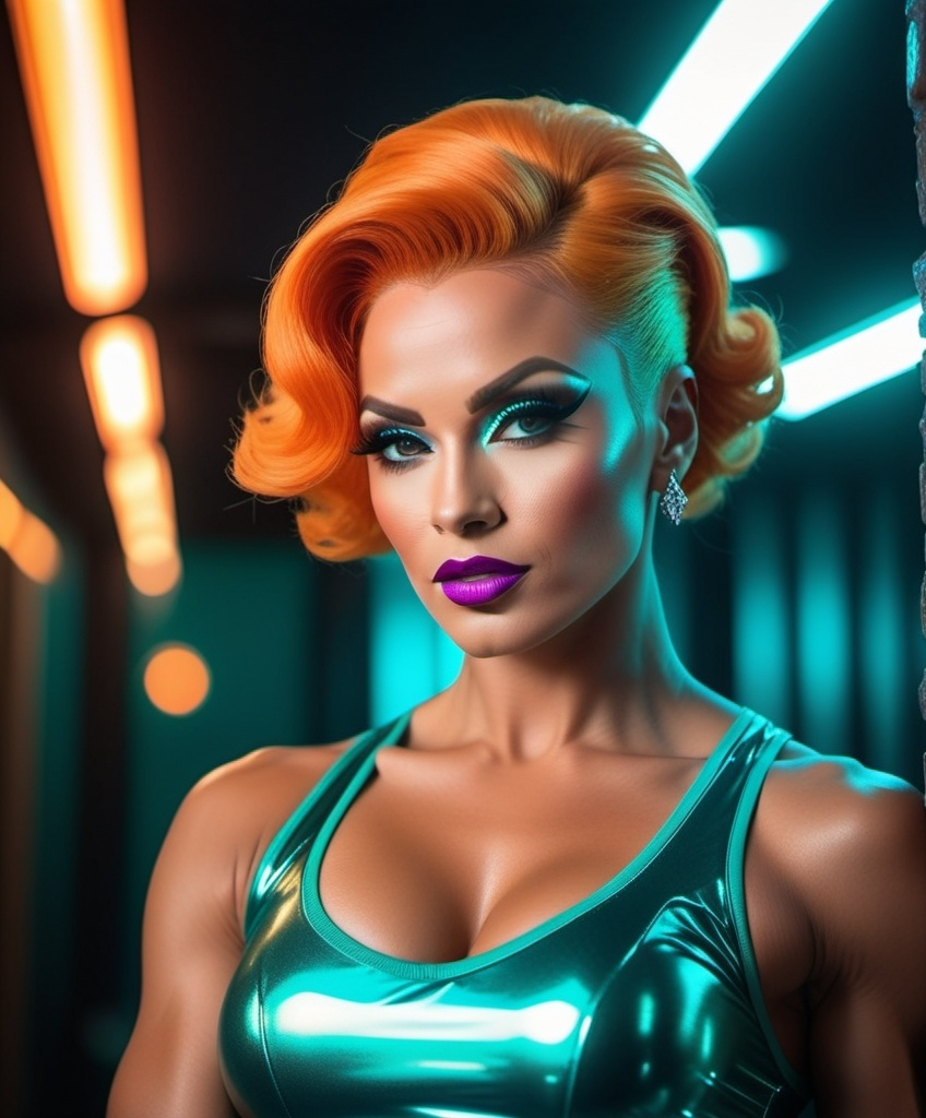 Prompt: Gorgeous 25-year-old Czechian drag queen bodybuilder, short swept over stylish orange hair, retrofuturistic film noir by Quentin Tarantino, teal glowing haze dreamy atmosphere.