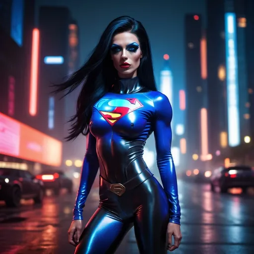 Prompt: Gorgeous ultra-muscular 25-year-old Danish drag queen bodybuilder dressed as Super Man Cyberpunk with long straight shiny black hair, superman suit, and 8 inch stiletto high heel boots, futuristic city skyline, neon lights, vibrant colors, sleek metallic suit, glowing accents, intense expression, night setting, dynamic pose, urban environment, cybernetic enhancements, cinematic depth, high tech gadgets, atmospheric fog, gritty details, ultra-detailed, 4K.