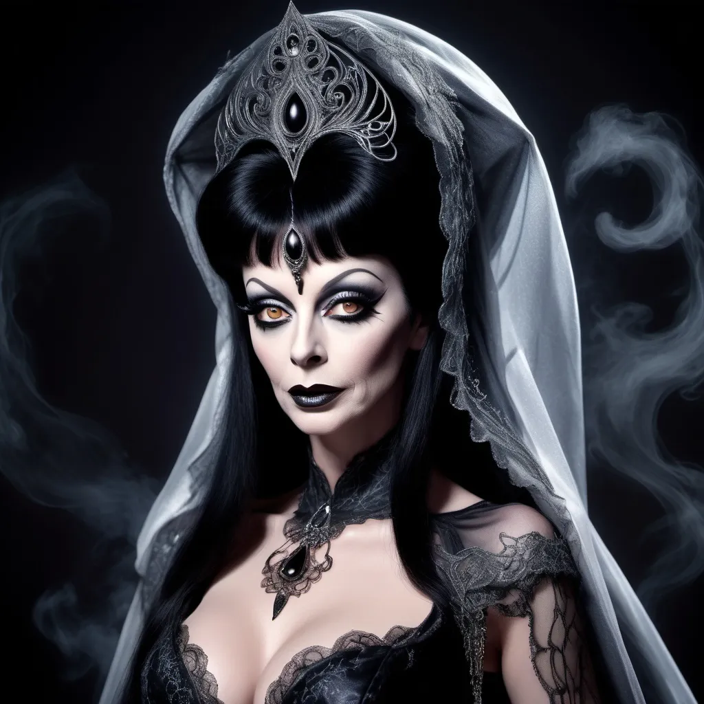 Prompt: (Don Knotts) Elvira, enchanting transformation, black and silver Versacedesigner dress, dark glamorous colors, dark spooky ambiance, moonlit background, fire and dark magical elements, (dramatic) lighting, exquisitely detailed facial features, captivating expression, veil and tiara, HD, ultra-detailed, contemporary art style with a gothic twist.