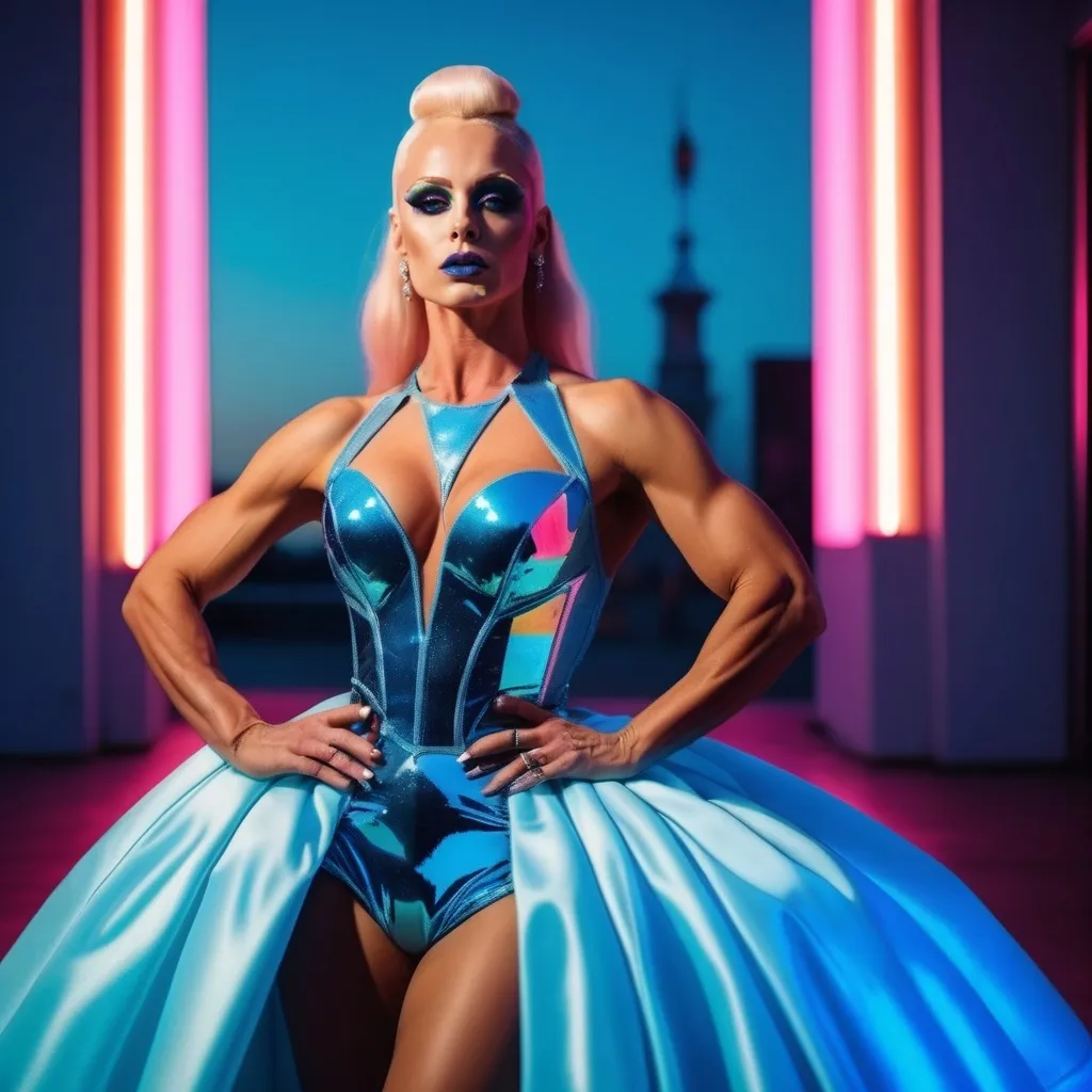 Prompt: A gorgeous muscular 25-year-old Polish drag queen bodybuilder with huge busom wearing a gorgeous shiny gown in another chalcedony balletcore haute couture fashion shoot that is dripping with bright colored lights, carbonated themed, in the style of y2k aesthetic, YlnMn blue, psychedelic surreal minimalism, i can't believe how beautiful this is, snapshot aesthetic, luminous skies, mirrored, Fuji film eterna vivid, Zeiss lens, Canon EOS R7 