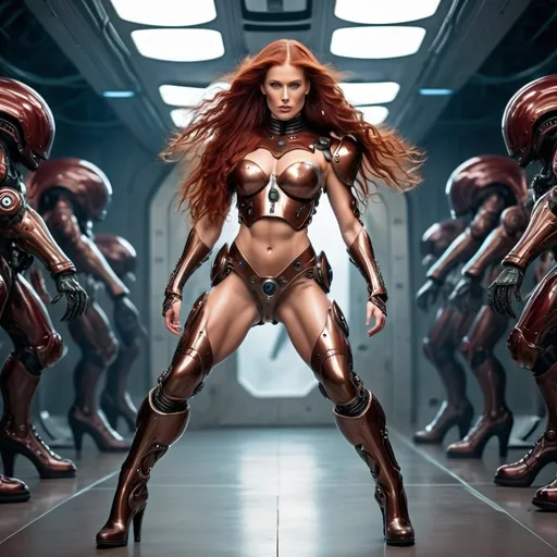 Prompt: Gorgeous ultra-muscular 25-year-old Norwegian goddess cyborg with huge busom and ridiculously long wavy dark red hair, in battle against aliens. Bronze armor and cybernetics. 8 inch stiletto high heel boots. Science fiction futuristic background. 