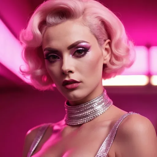 Prompt: Gorgeous 25 years old Czechian drag queen with big busom, short hair, retrofuturistic film noir by Quentin Tarantino, pink glowing haze dreamy atmosphere.