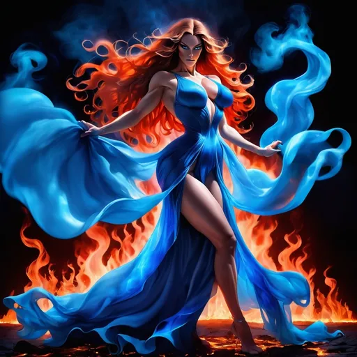 Prompt: Gorgeous ultra-muscular 25-year-old Swedish drag queen bodybuilder dancing on blue flame, silhouette, lava, long flowing blue flame gown, huge busom, long wavy fiery hair, long muscular legs, very muscular dancing female, mystical background,