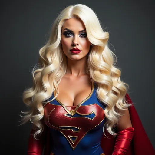 Prompt: Gorgeous ultra-muscular 25-year-old Greek drag queen bodybuilder with very long wavy platinum blonde hair dressed as Supergirl. Heavy mascara, dark eyeshadow, dark red lipstick.