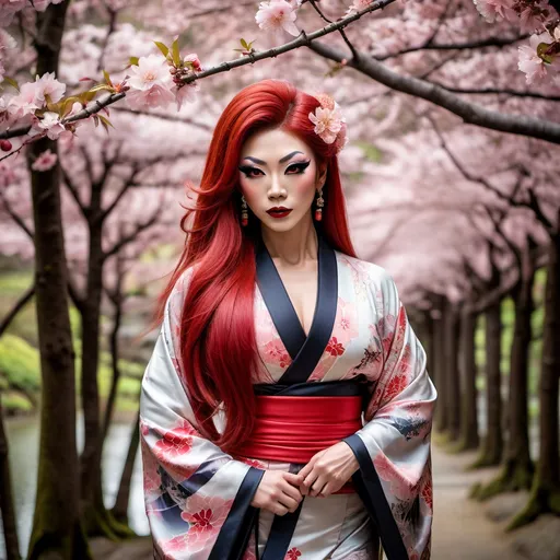 Prompt: Gorgeous muscular 25-year-old Japanese drag queen bodybuilder (with large busom, dark eyeshadow, dark lipstick) in a kimono, serene forest setting, full-body shot, long red hair, open eyes, detailed, traditional Japanese art style, vibrant colors, peaceful atmosphere, cherry blossom trees, elegant pose, long flowing sleeves, serene expression, atmospheric lighting, professional, epic