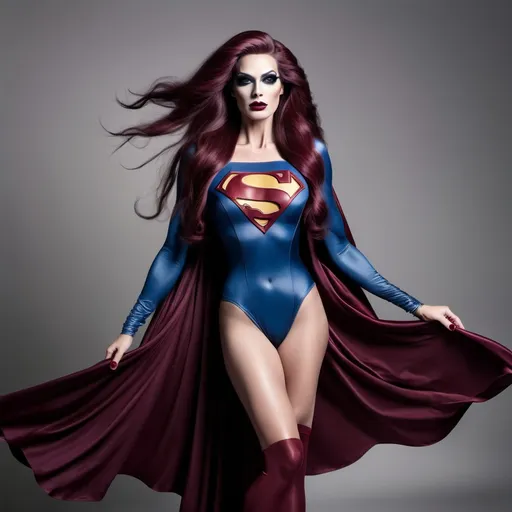 Prompt: Create the image of If superman was a gorgeous supermodel drag queen (full length photo) with long muscular legs, dark eyeshadow,  burgundy lipstick, extra long flowing hair.