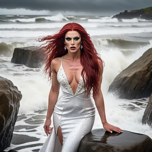 Prompt: A glamorous, gorgeous,  muscular 25-year-old Czechian drag queen with very long dark red hair, standing on a rock on the beach with waves crashing down on her, 
She is wearing a mini wedding dress and is soaking wet.
rainy weather, Wet face, Wet hair, water flowing from her body.
full body shot, hyper detailed, ultra realistic, highly detailed, surreal heavy mist, AI defined exquisitely beautiful, totally ultra realistic, gorgeously detailed, perfect body proportions, pale, ultra glamorous, perfect shading, impeccable contrast, HDR, UHD, high res, 64k